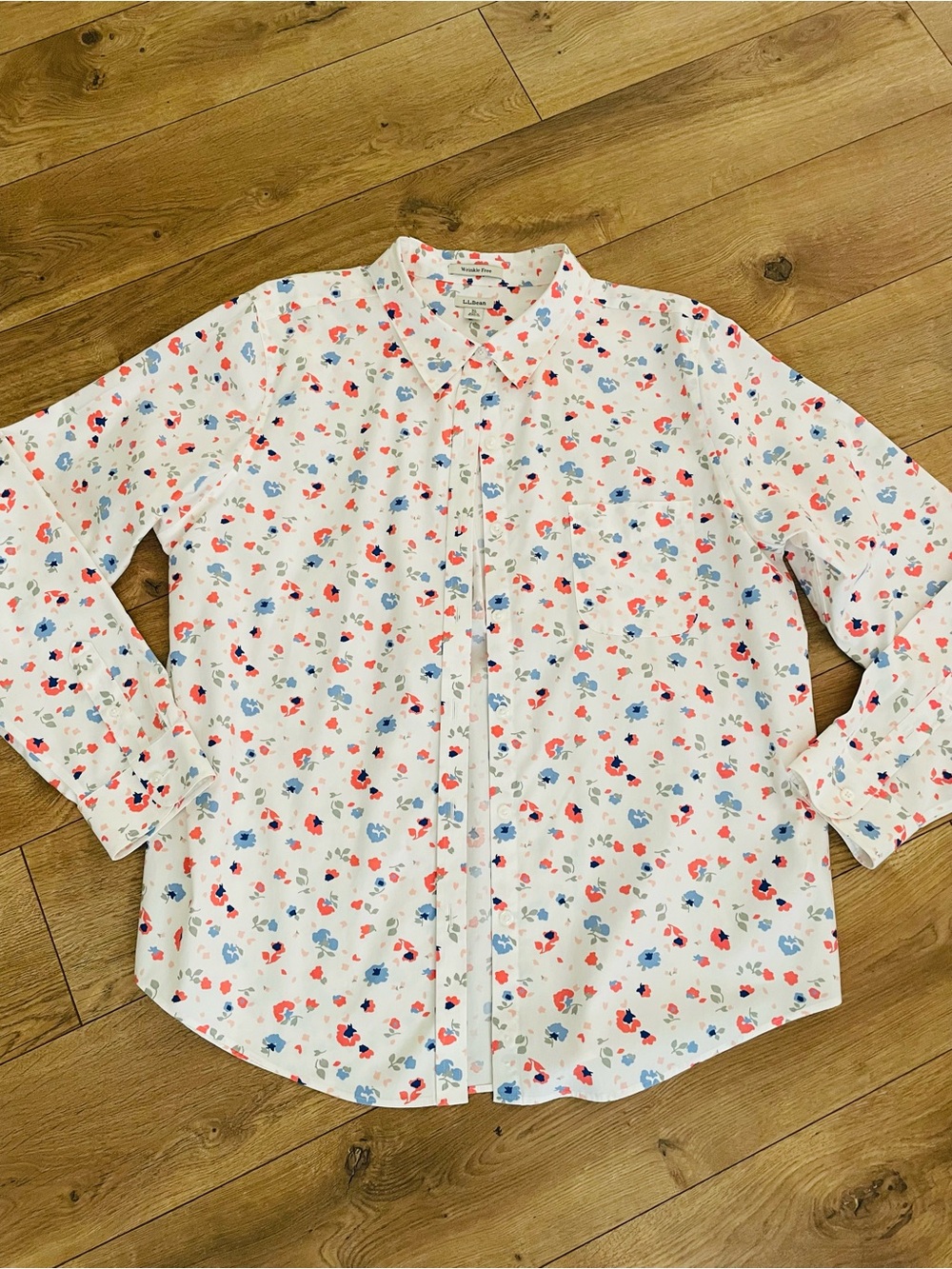 L.L. Bean Wrinkle Free White Button-Down Shirt with Pink & Blue Floral Print - Picture 10 of 15